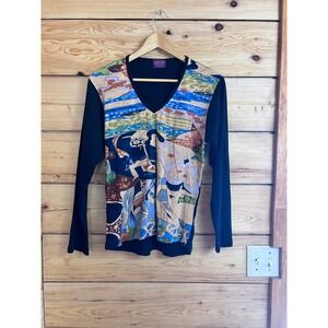 Lotus Tees Organic Cotton Graphic Print V-Neck Long Sleeve Top Black XL